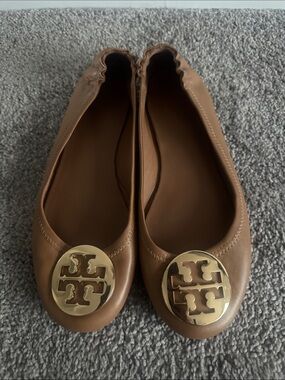 Tory Burch Brown Leather Ballet Flats with Gold Logo Medallion